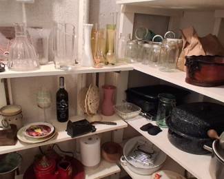 various glassware, vases, jars, and kitchen cookware.