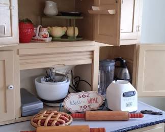 Complete Hoosier cabinet with vintage kitchen decorations