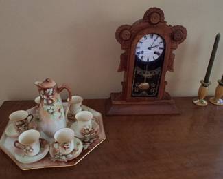 Gingerbread mantle clock and vintage porcelain tea set