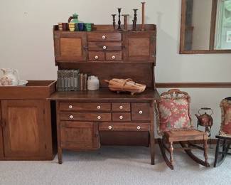 Antique Hoosier cabinet, dry sink and rocking chairs