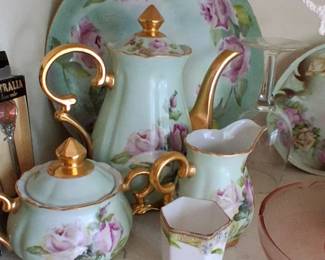 vintage Lefton China Heritage Green Rose Tea Set