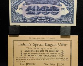 Tatham Stamp & Coin Paper Money Collector Envelope JAPAN INVASION 1000 POSOS