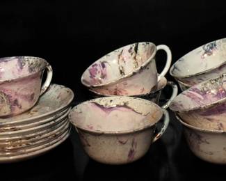 SASHA BRASTOFF TEA COFFEE CUPS & SAUCERS - SURF BALLET SOLD LUE PLATINUM MARBLED
