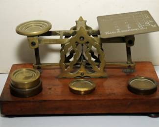 Antique Brass British Postal Scale With Wood Base & Weights