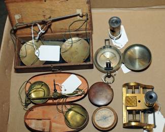 ASSORTMENT OF SCIENTIFIC SCALES, Antique Early American Treenware Turned Wood Box with Compass