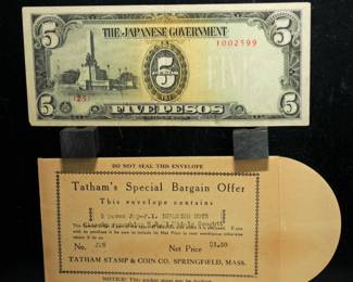 Tatham Stamp & Coin Paper Money Collector Envelope JAPAN INVASION 5 PESOS NOTE