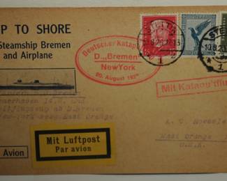 GERMANY TO US 1929 CATAPULT MAIL TRANSPORTED ON STEAMSHIP BREMEN AND AIRPLANE