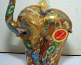 Venice Murano Glass Elephant Millefiori Figurine Statue with Foil Tag