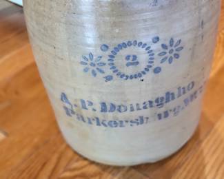 19th-century salt-glazed 2 gallon stoneware crock made by A.P. Donaghho in Parkersburg, West Virginia, featuring cobalt blue stenciling