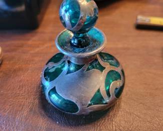 Antique Art Nouveau Sterling Silver Overlay Teal Glass Scent / Perfume Bottle
