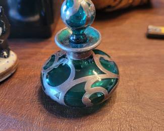 Antique Art Nouveau Sterling Silver Overlay Teal Glass Scent / Perfume Bottle