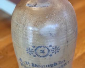 19th-century salt-glazed 2 gallon stoneware crock made by A.P. Donaghho in Parkersburg, West Virginia, featuring cobalt blue stenciling