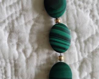 Vintage green malachite oval bead necklace with 14k beads and clasps