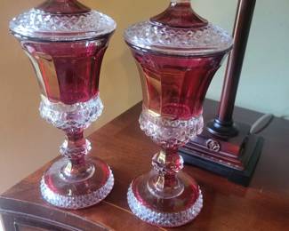 vintage Westmoreland Glass 1943 Ruby Flash (or Waterford/Wakefield pattern) tall covered footed urns or candy jars