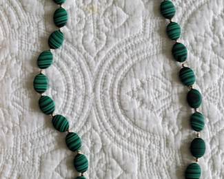 Vintage green malachite oval bead necklace with 14k beads and clasps