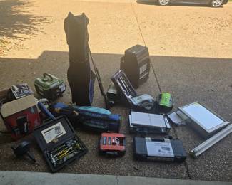 golf clubs, Black & Decker charger, tool kit, new party grill