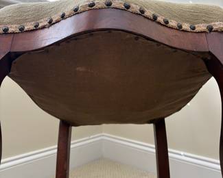 J51 - $40. Balloon Back Carved Wood Chair with Needlepoint Measures 18" W x 17" D x floor to seat 17" x 34" Tall.