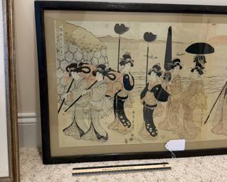 J139 - $75. Japanese Print "Festive Procession of a Noble Family” On Paper. Measures 53.5” W x 20” Tall.