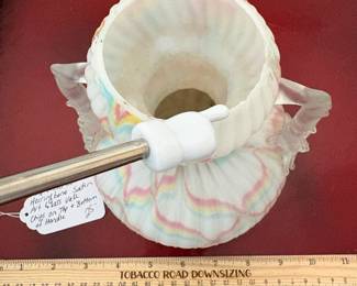 J11 - $25. Vintage Victorian Herringbone Satin Art Glass Vase. Chips on the top and bottom of one handle.
