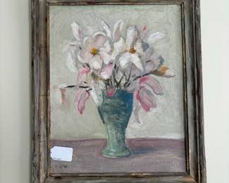 J50 - $40. Framed Original Floral Painting signed EJW. Measures 19.5" x 23.5".