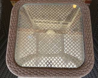 J163 - $30. Brown Resin Wicker Patio Side Table. Measures 21.5" W x 21.5" D x 24.5" Tall.