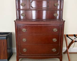 J45 - $125. Federal Style Bow-front Highboy Dresser with Brass Hardware. Measures 36" W x 18" D x 51" Tall.