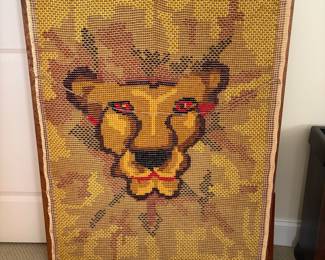 J185 - $40. Large Lion Latch Hook Wall Hanging. Measures 33" x 41".