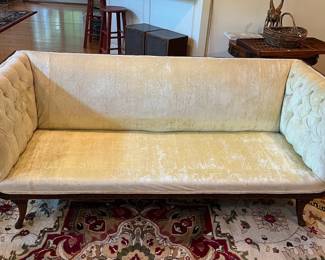 J138 - $175. French 19th Century Neo-Classical Mahogany Velvet Upholstered Couch. Measures 77.75” W x 32” W x 30” Tall.