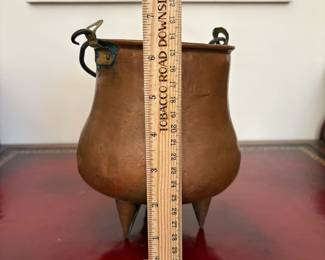 J9 - $30. Small Antique Hand Hammered Copper Pot. Tri-legged "Belgium" Stamped on the bottom.