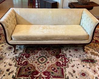 J138 - $175. French 19th Century Neo-Classical Mahogany Velvet Upholstered Couch. Measures 77.75” W x 32” W x 30” Tall.