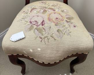 J51 - $40. Balloon Back Carved Wood Chair with Needlepoint Measures 18" W x 17" D x floor to seat 17" x 34" Tall.