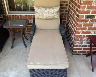 J167 - $225. Pair of Lounge Chairs with Sunbrella Cushions. Chairs are in Great Condition! Cushions are weathered. Each measures 30.5" W x 64" Long x 47" Tall. Adjustable Backs.