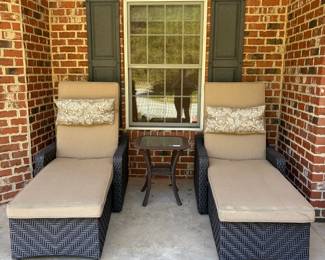 J167 - $225. Pair of Lounge Chairs with Sunbrella Cushions. Chairs are in Great Condition! Cushions are weathered. Each measures 30.5" W x 64" Long x 47" Tall. Adjustable Backs.
