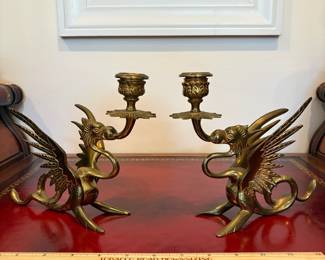 J30 - $80. Pair of Solid Brass Dragon Griffin Candle Stick Holders.