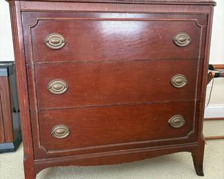 J45 - $125. Federal Style Bow-front Highboy Dresser with Brass Hardware. Measures 36" W x 18" D x 51" Tall.