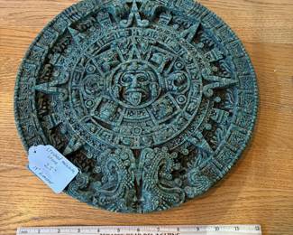 J108 - $25. Vintage Stone (Crushed Malachite) Aztec Mayan Calendar Wall Hanging. Measures 14" Diameter.