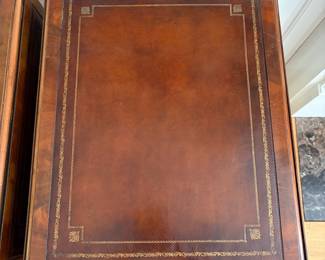 J159 - $150. Pair Of Vintage Drop-Leaf Side Tables with Leather Tops and Brass Wheels. Measures 43" W x 17" W x 27.25" Tall. Each Leaf measures 8.5" W.