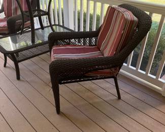 J143 - $125. 4 Piece Set. Patio Chairs measure 30" x 33" 35" tall. Rectangle Table is 42.5" x 21.5" x 16" tall. Square Table is 21" square x 23.5" tall. Has been used on a covered screened in porch.