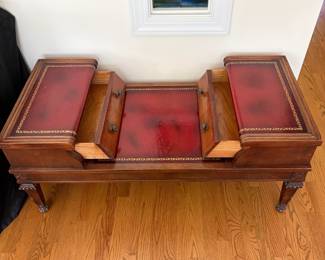 J160 - $150. Vintage Double-Sided Captain's or Partners" Bench Table with Leather Tops. Measures 45.5" W x 21.5" D x 19.75" Tall.