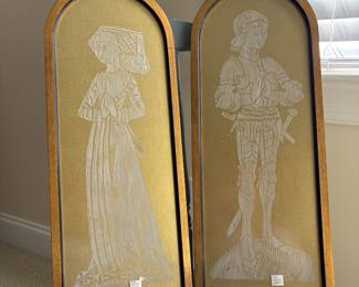 J54 - $60. Pair of Vintage Antique Framed Brass Rubbings From a Church in Warwickshire. Measures 8.5" W x 21.25" Tall.