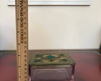J7 - $80. E & JB Empire Art Gold Tone Jeweled Trinket Box with Jeweled Lid and Pink Glass Bottom.