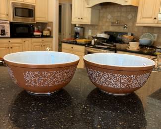 J196 - $55. 3 Piece Pyrex Woodland Bowl Set. 1 - 750 ml. 2 - 2.5 l. There are scratches inside from utensils