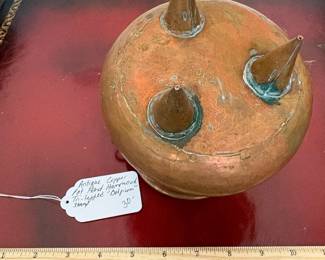 J9 - $30. Small Antique Hand Hammered Copper Pot. Tri-legged "Belgium" Stamped on the bottom.