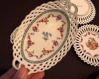 J77 - $60. Set of Vintage German Porcelain Plates & Bowls. 10 - Plates Measure 5.75" D. 5 - Bowls Measure 6" W x 4" D.