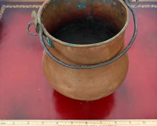 J9 - $30. Small Antique Hand Hammered Copper Pot. Tri-legged "Belgium" Stamped on the bottom.