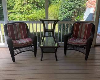 J143 - $125. 4 Piece Set. Patio Chairs measure 30" x 33" 35" tall. Rectangle Table is 42.5" x 21.5" x 16" tall. Square Table is 21" square x 23.5" tall. Has been used on a covered screened in porch.