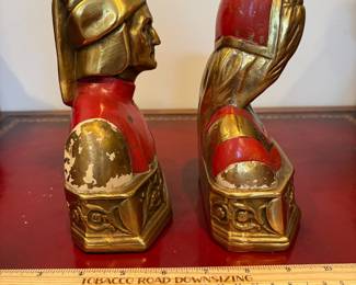 J34 - $80. Vintage Dante & Beatrice Pompeian Solid Brass Bookends. Paint is chipping.