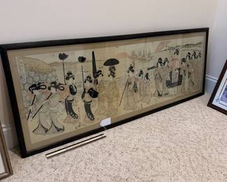 J139 - $75. Japanese Print "Festive Procession of a Noble Family” On Paper. Measures 53.5” W x 20” Tall.