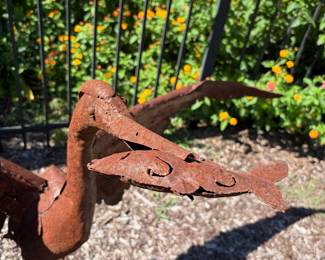 J66 - $60. Metal Crane & Fish Garden Sculpture. Measures 54.5" W x 21" D x 34" Tall.