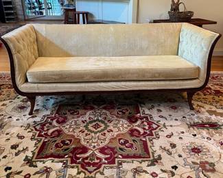 J138 - $175. French 19th Century Neo-Classical Mahogany Velvet Upholstered Couch. Measures 77.75” W x 32” W x 30” Tall.